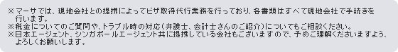 ※マーサでは、現地会社との提携によってビザ取得代行業務を行っており、各書類はすべて現地会社で手続きを行います。 ※税金についてのご質問や、トラブル時の対応(弁護士、会計士さんのご紹介)についてもご相談ください。 ※日本エージェント・シンガポールエ^ジェントともに提携している会社もございますので、予めご理解くださいますよう、よろしくお願いします。